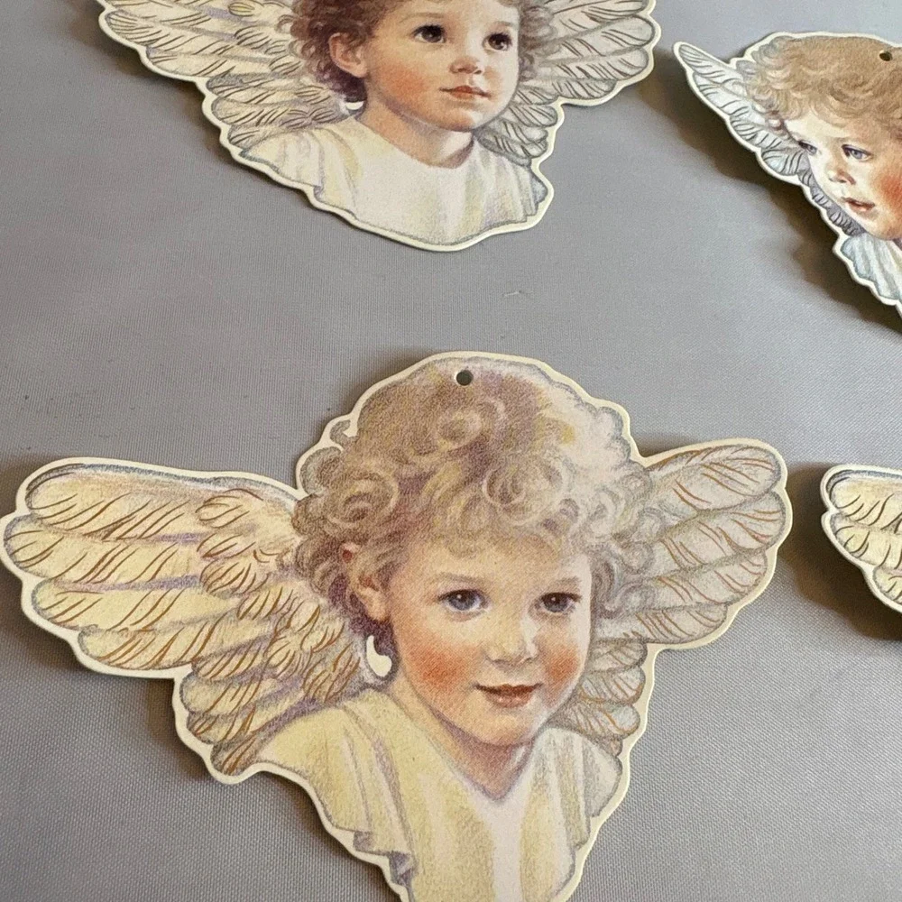 Vintage 1983 B Shackman Kathy Lawrence 12 Angel Gift Tags Cards with Gold Tassel